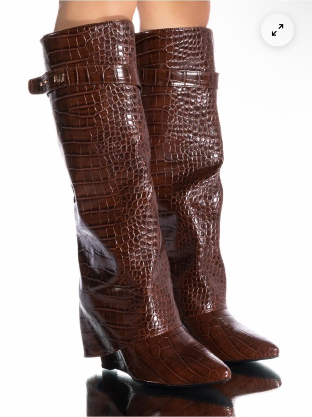 Brown Croc-Embossed Knee-High Wedge Boots